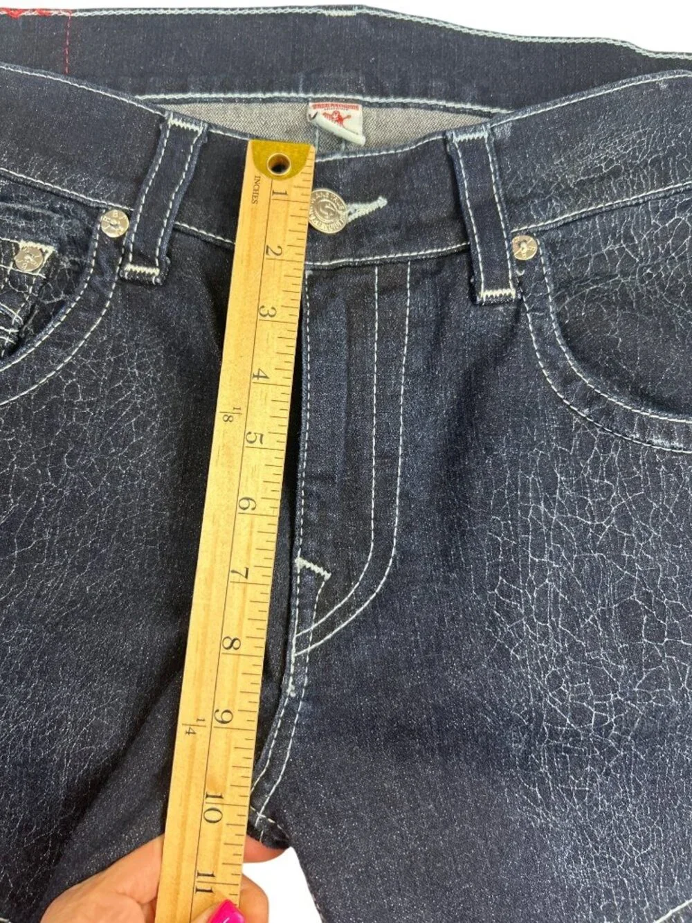 True Religion Moto Skinny Jeans Men's 34x28 Dark Wash Run Stitch Cracked Texture